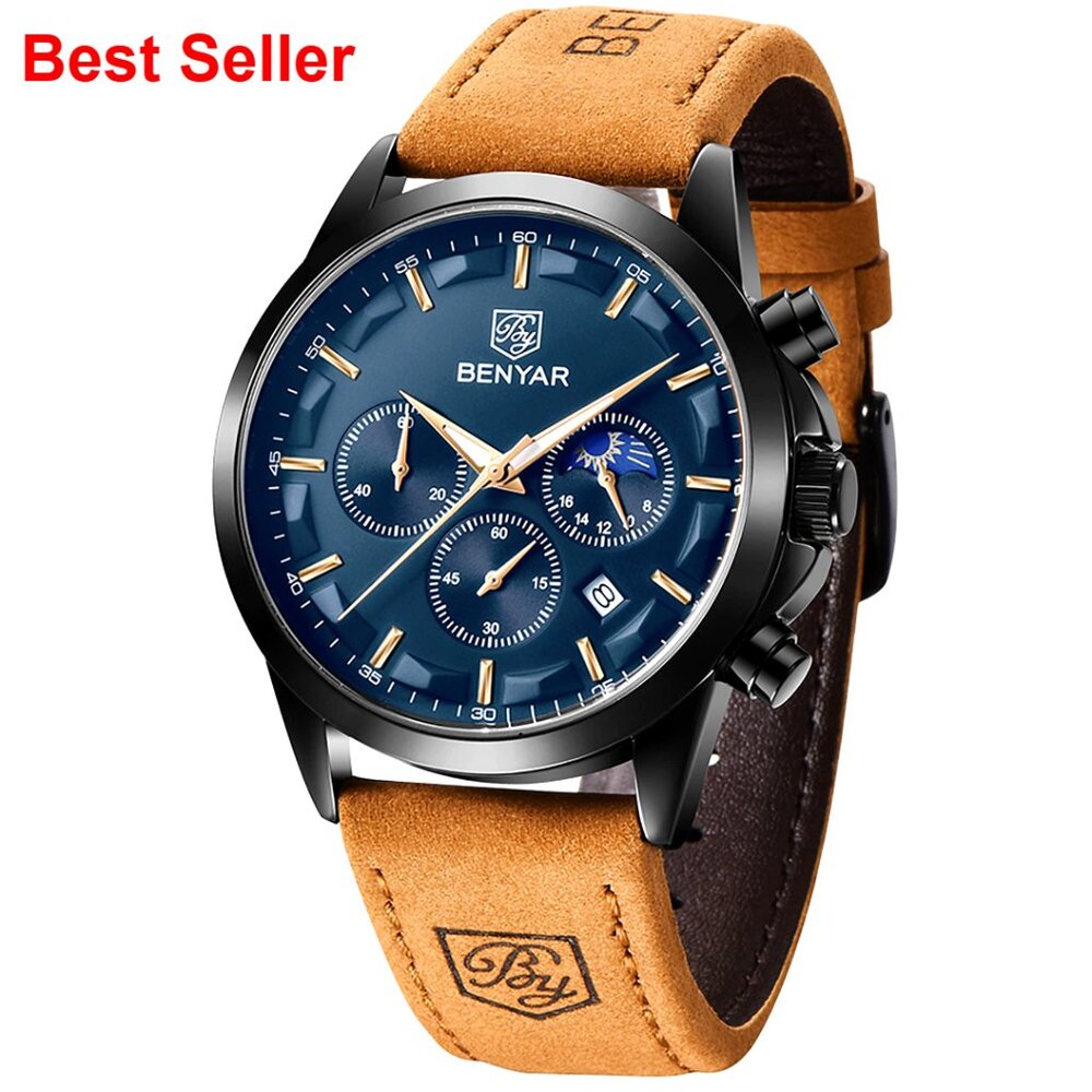 Analog Quartz Chronograph Waterproof Wrist Watch with Brown Leather Band